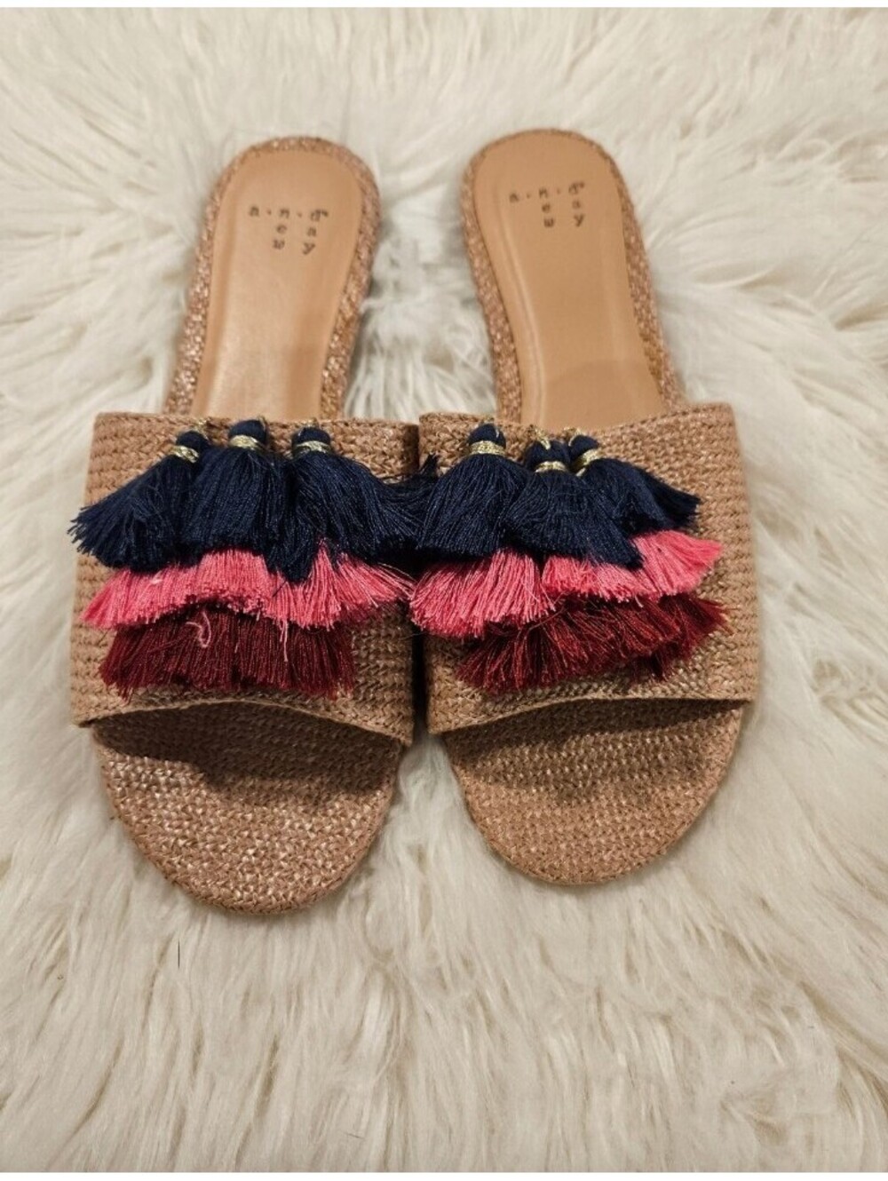 A New Day Size 7 Ayana Tan Flats Mules Slippers Fringes